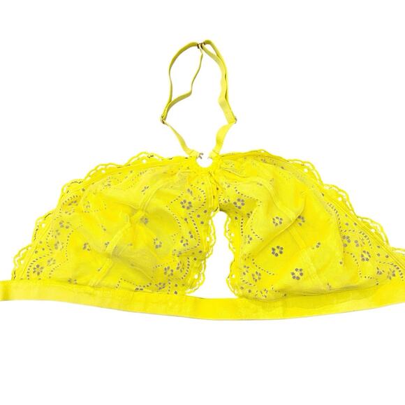 Savage X Fenty Bombshell Lace Bralette 2X Halter Neck Yellow Floral Medallion - Picture 6 of 8